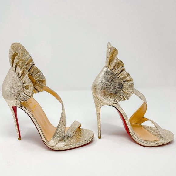 Christian Louboutin Colankle Gold Foil Leather Ruffle Strapped Heels Pumps 37.5 - Picture 13 of 16